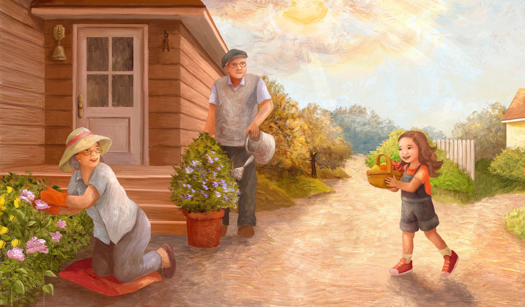 Illustration of grandparents gardening on their porch while a young girl brings them a basket of fruit, an example of character illustration work.