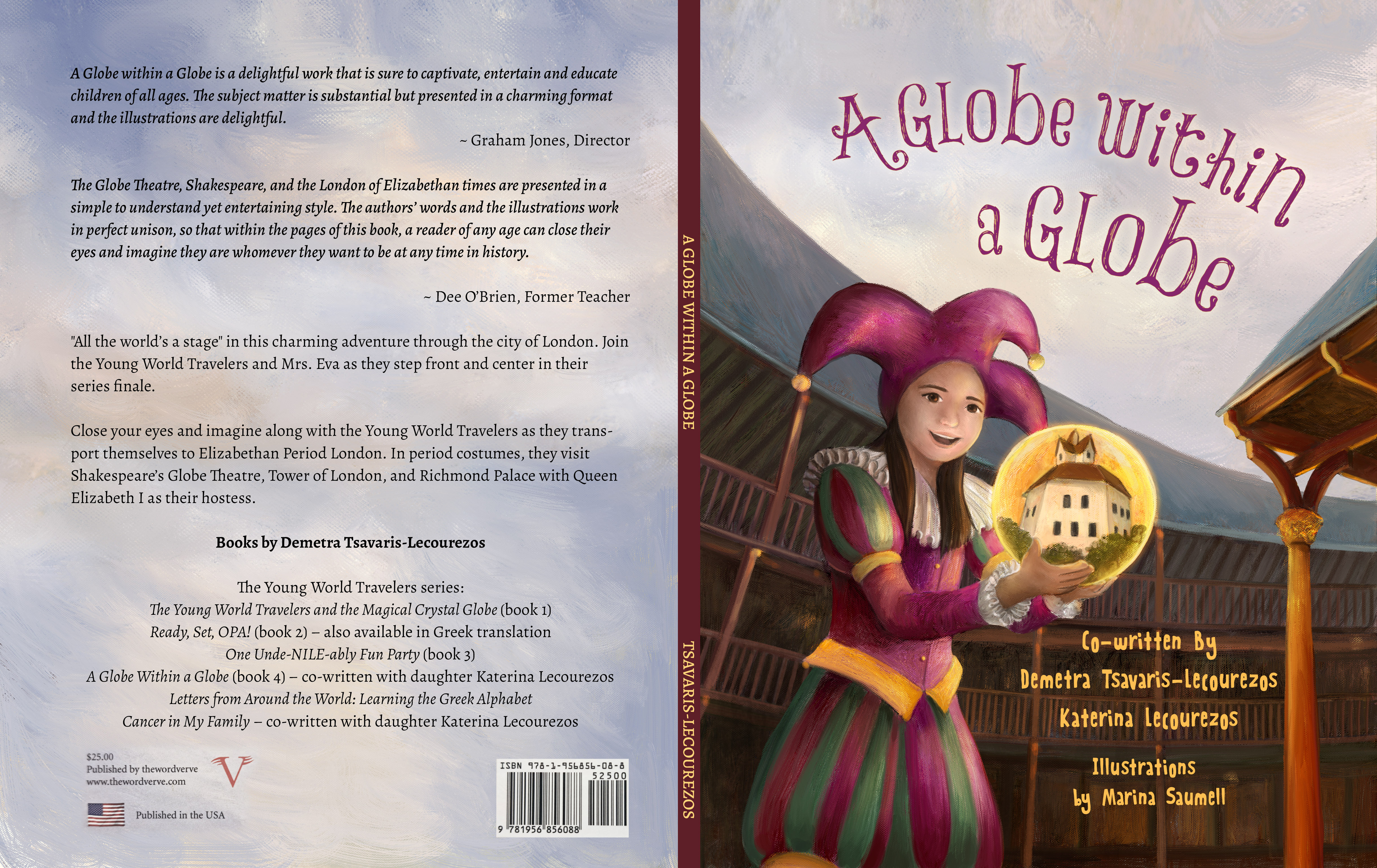 Front, spine, and back cover spread of 'A Globe Within a Globe' by Demetra Tsavaris-Lecourezos, illustrated by Marina Saumell.