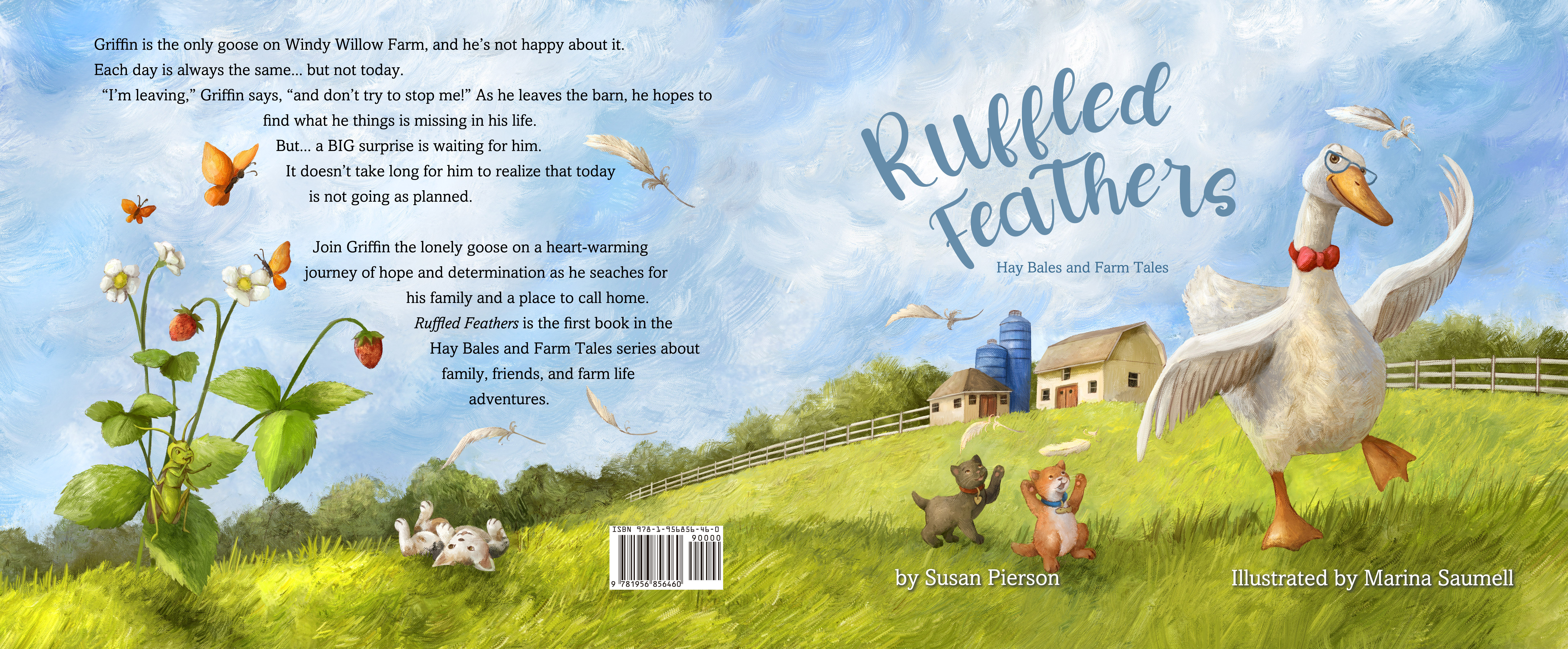 Front, spine, and back cover spread of 'Ruffled Feathers: Hay Bales and Farm Tales, Book 1' by Susan Pierson, illustrated by Marina Saumell.