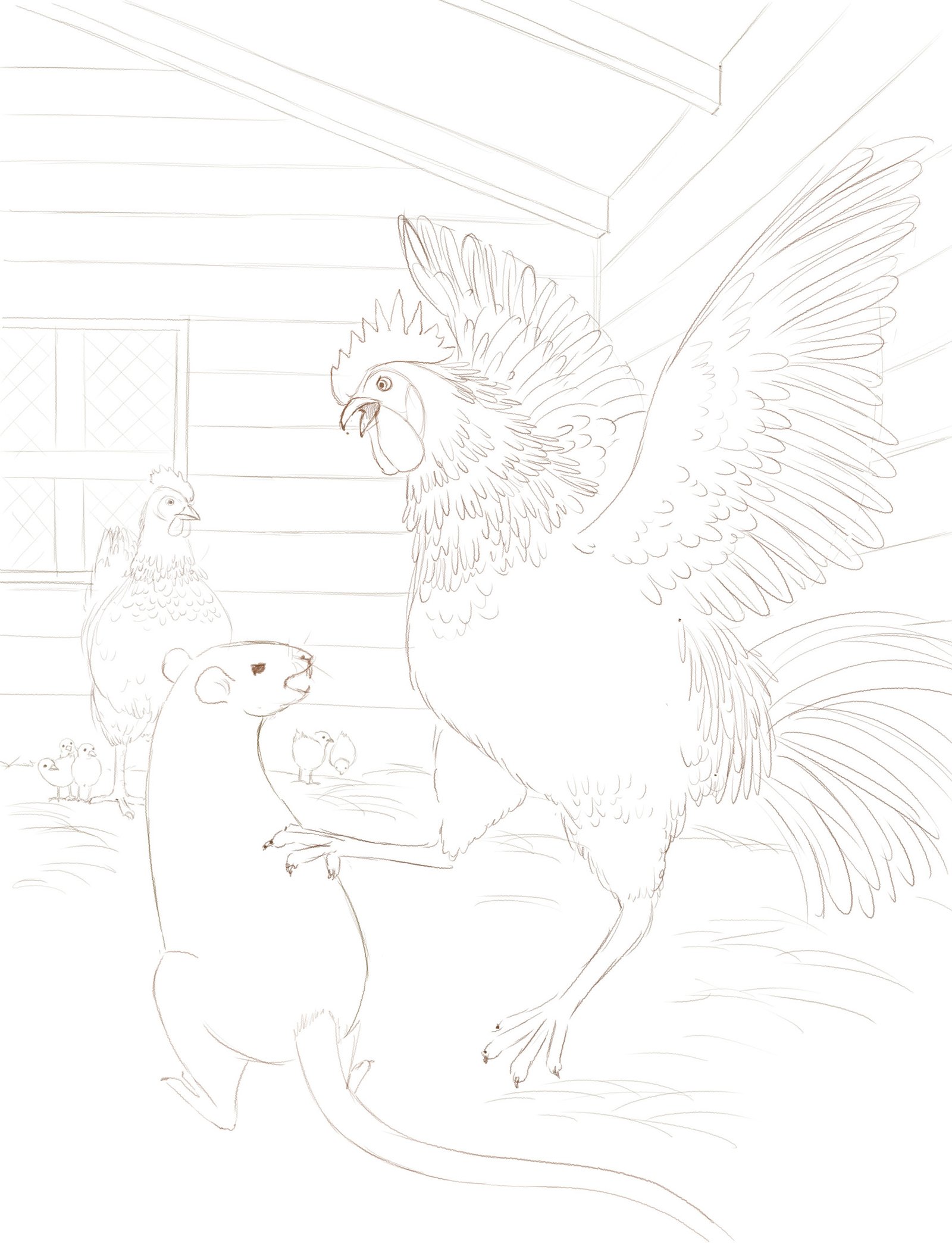 Refined black and white line art of DESCRIBE THIS SCENE, from 'Hector the Misunderstood Snake'.