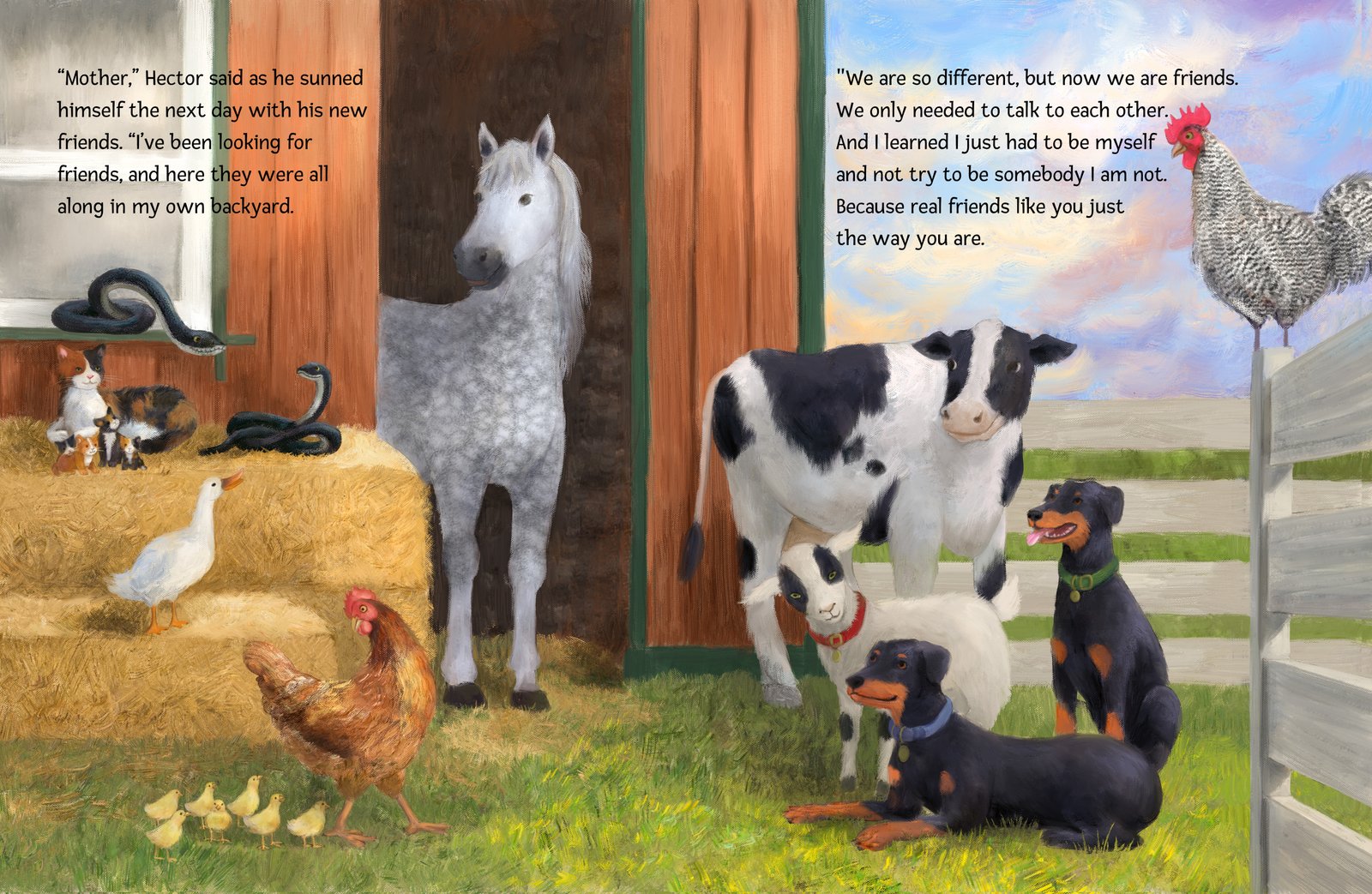 Two-page spread of DESCRIBE THIS IMAGE, from 'Hector the Misunderstood Snake'.