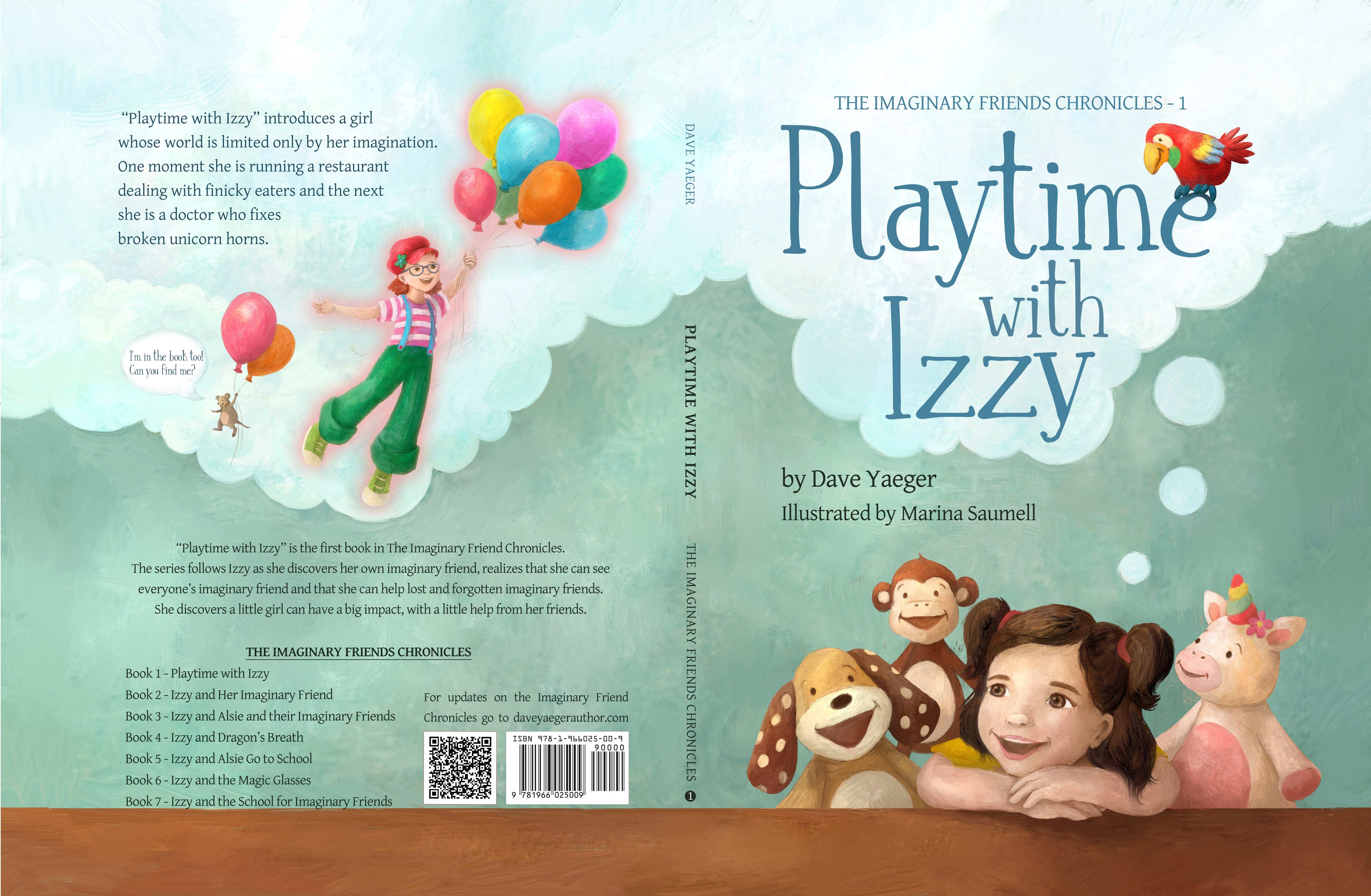 Front, spine, and back cover spread of 'Playtime with Izzy' by Dave Yaeger, illustrated by Marina Saumell.