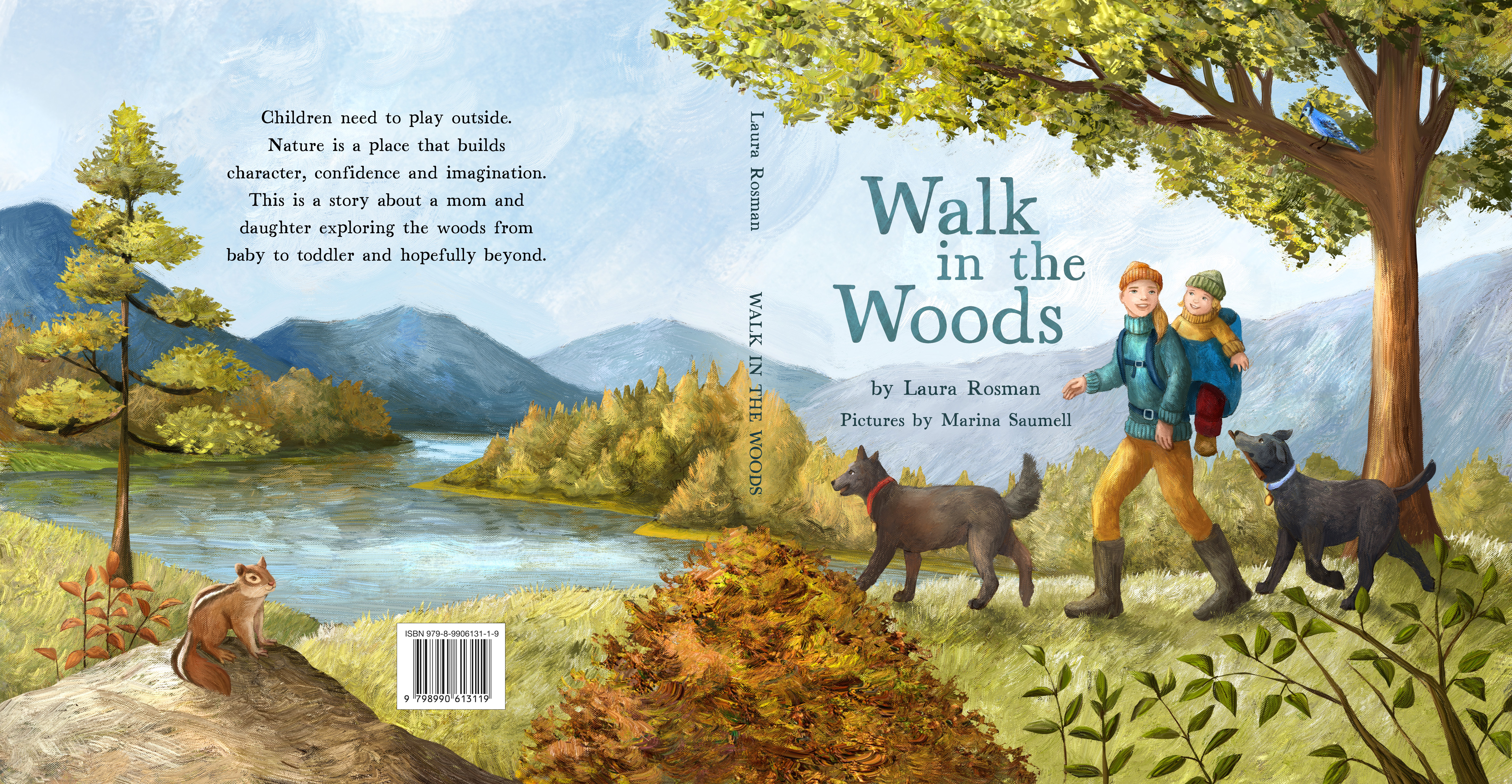 Front, spine, and back cover spread of 'Walk in the Woods' by Laura Rosman, illustrated by Marina Saumell.