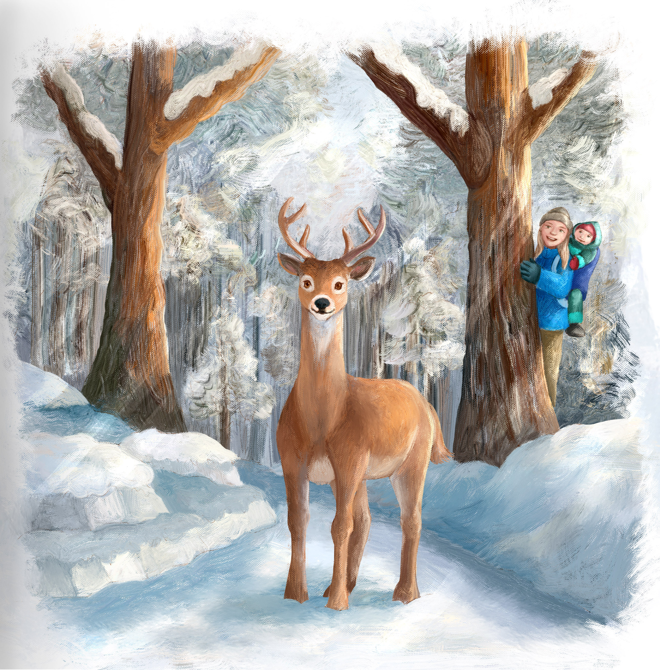 Illustration of a deer standing in a snowy forest, with a mother and child peeking from behind a tree, from 'Walk in the Woods'.