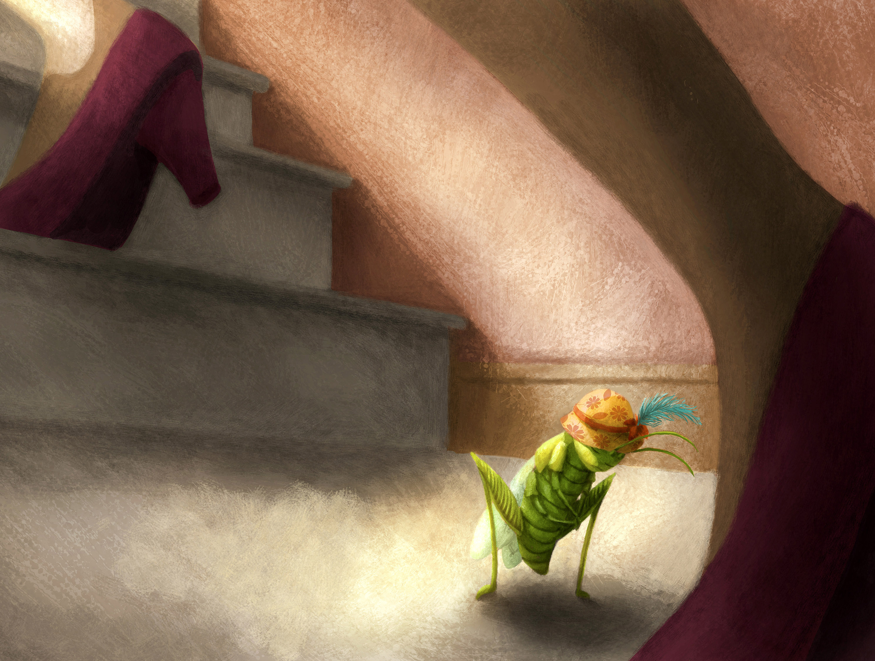 Whimsical illustration of a dapper cricket character in a feathered hat on a staircase beside a dropped high-heeled shoe, an example of book composition work.