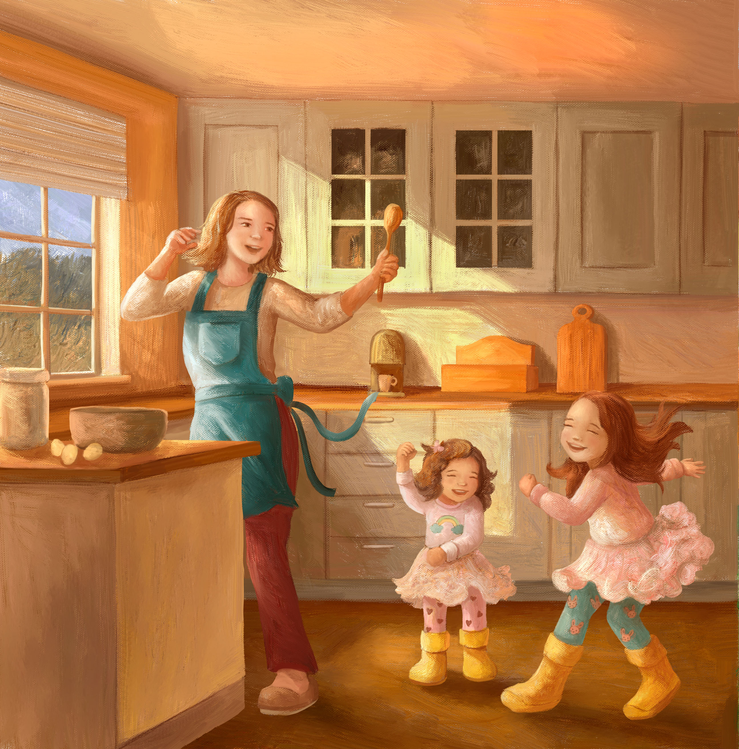 Illustration of a mother dancing in a sunlit kitchen with her two daughters, a narrative storybook scene.