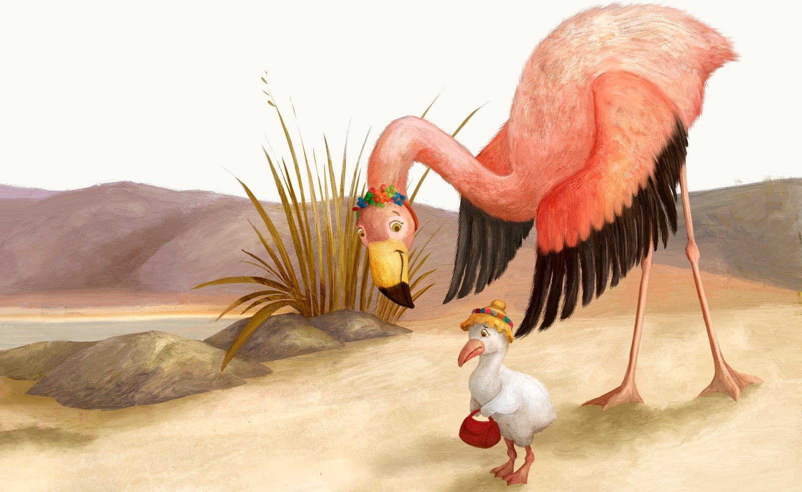 Illustration of a flamingo greeting a small goose with a red purse, by Marina Saumell
