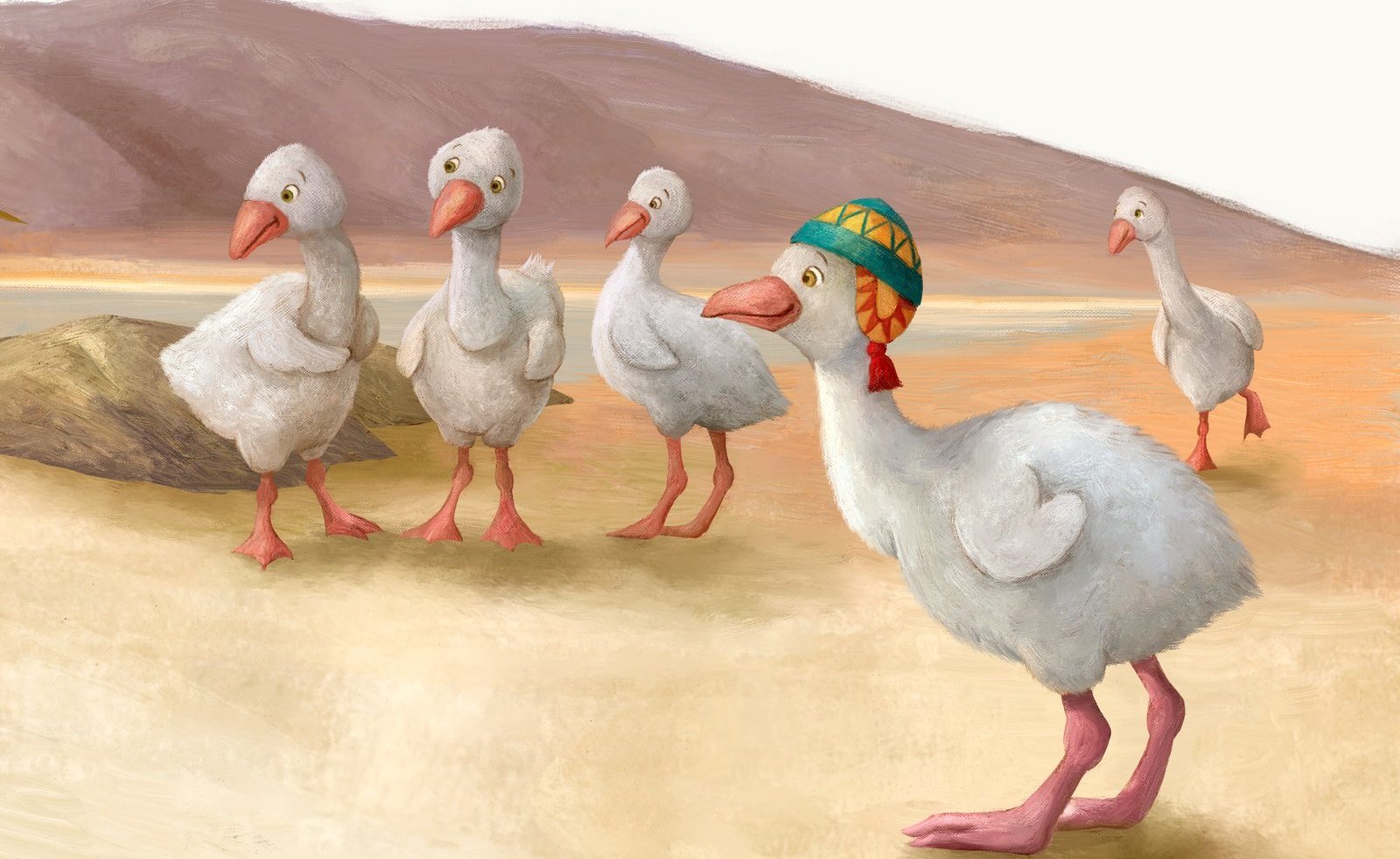Illustration of a line of geese walking across a sunny plain, by Marina Saumell