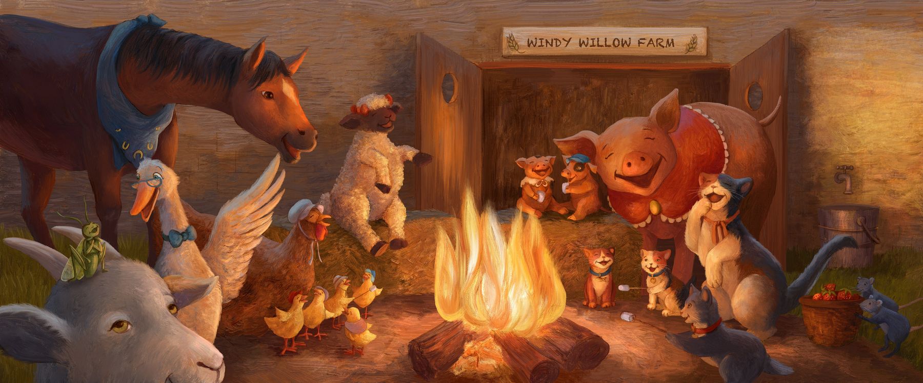 A wide illustration of farm animals gathered around a campfire at Windy Willow Farm, including a horse, pig, sheep, goose, chickens, and cats.